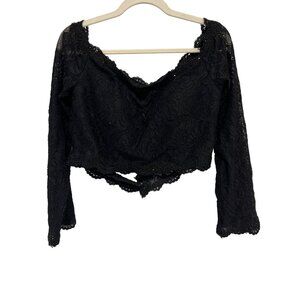Vintage 90s Lace Crop Top Size 14 Open Back Black Grunge Whimsigoth Witchy Emo